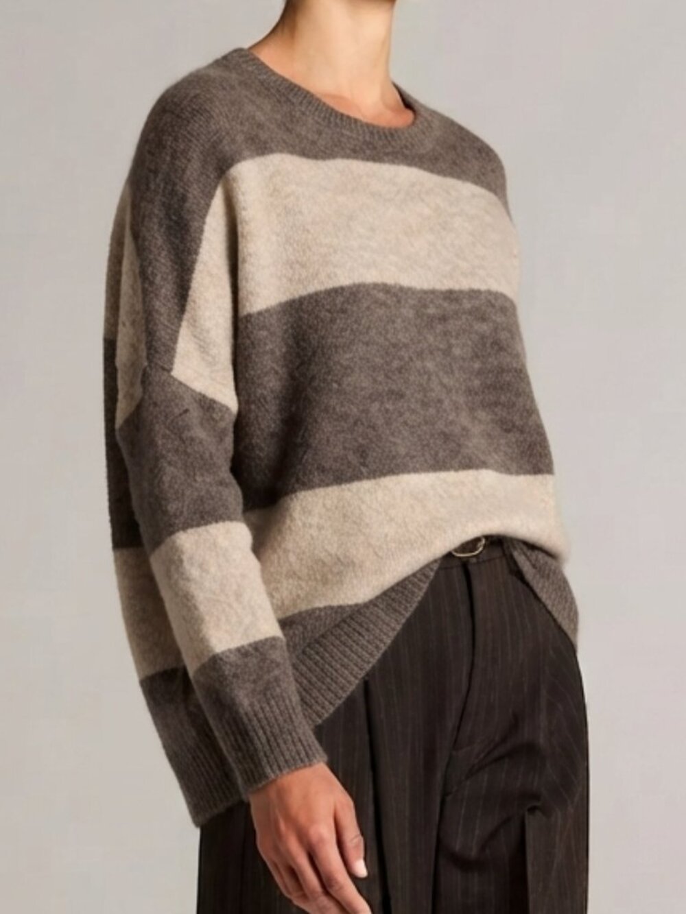 Vince Wool Yak Rugby Stripe Sweater Brown Cream Tan Oversized Crewneck Slouchy S